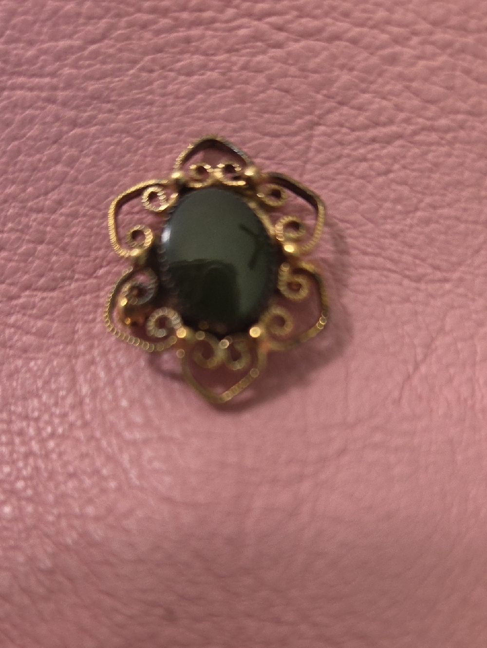 Gold Plated Sterling Wells Filigree Brooch with Dark Green Stone
